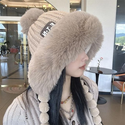 Knit Applique Lettering Fur Hat Faux Trapper