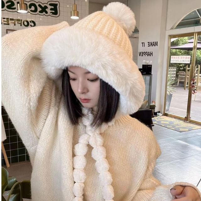 Knit Applique Lettering Fur Hat Faux Trapper