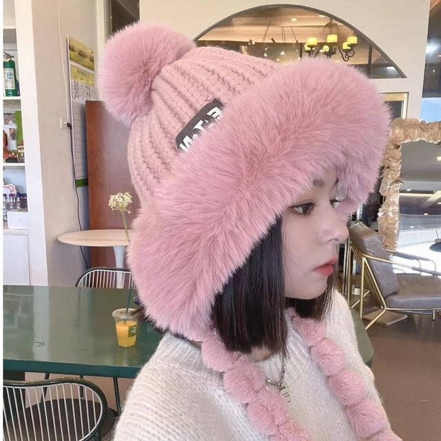 Knit Applique Lettering Fur Hat Faux Trapper