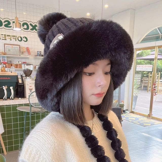Knit Applique Lettering Fur Hat Faux Trapper