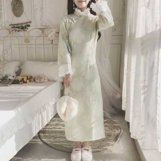 Long-Sleeve Collared Floral Midi Qipao / Embroidered Vest / Set