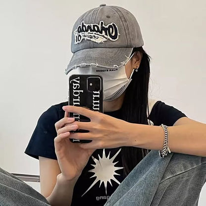 Lettering Baseball Cap Applique Distressed