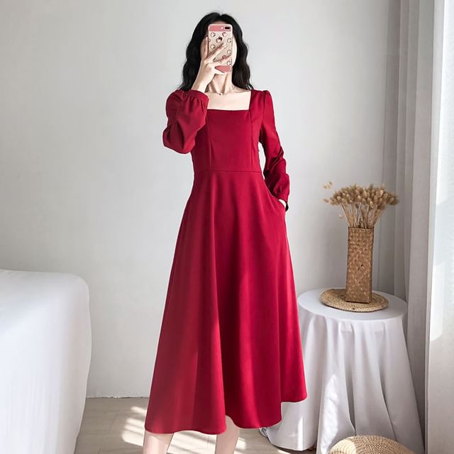 Long-Sleeve Plain Dress Neck A-Line Square Midi