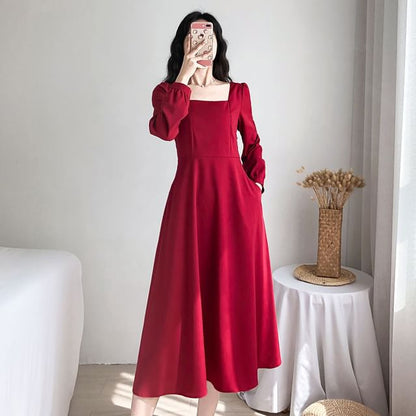 Long-Sleeve Plain Dress Neck A-Line Square Midi