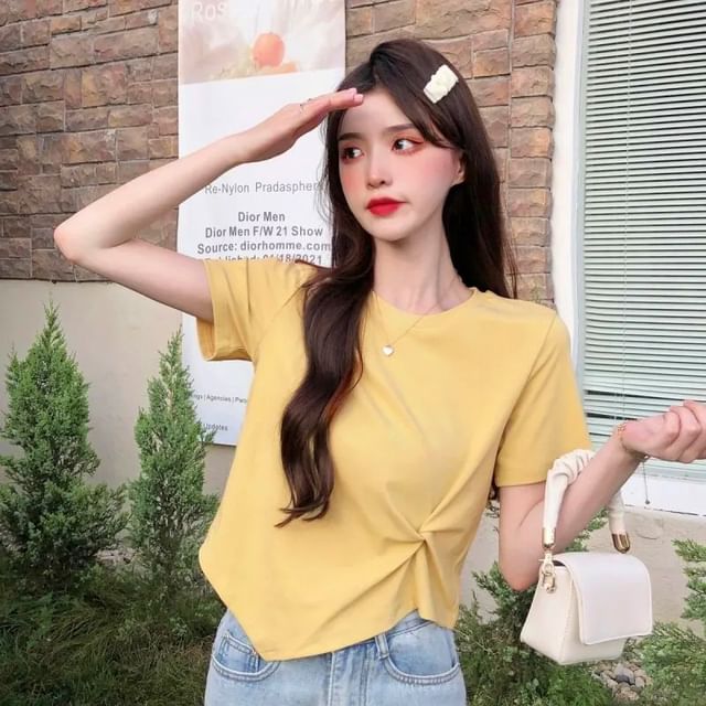 Neck Plain Crop Ruched Crew T-Shirt Short-Sleeve Asymmetrical