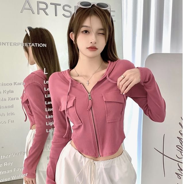 Plain Slim Hoodie Crop Fit Zip-Up