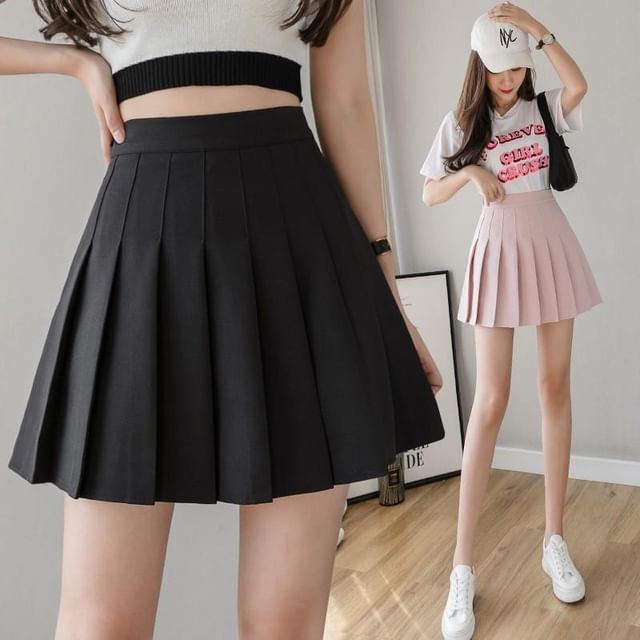 Pleated Waist High Plain Skirt A-Line Mini