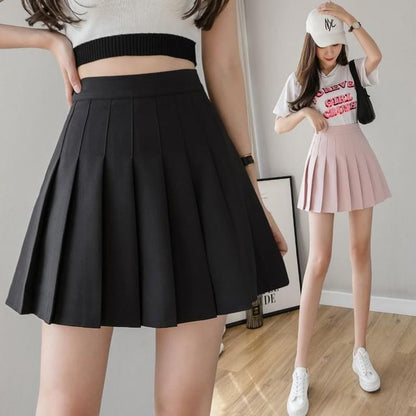 Pleated Waist High Plain Skirt A-Line Mini