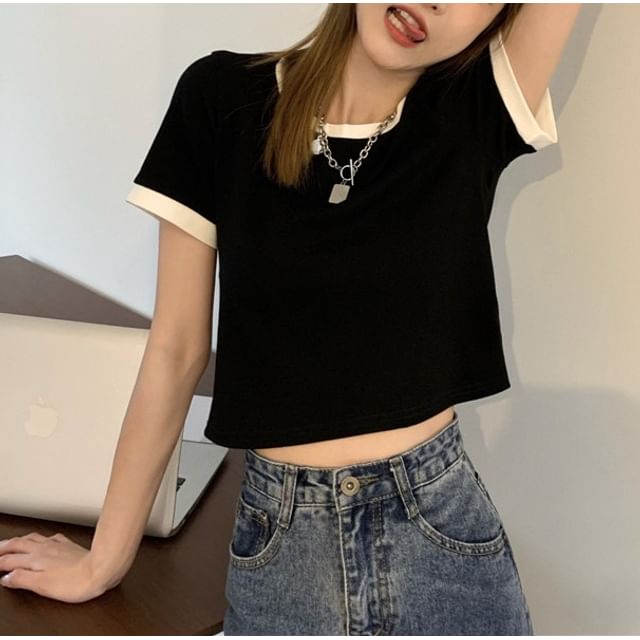 Crew T-Shirt Neck Contrast Crop Trim Short-Sleeve