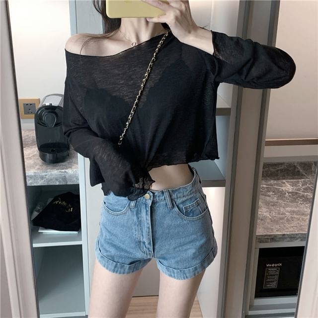 Sheer Plain Off-Shoulder Crop T-Shirt Long-Sleeve