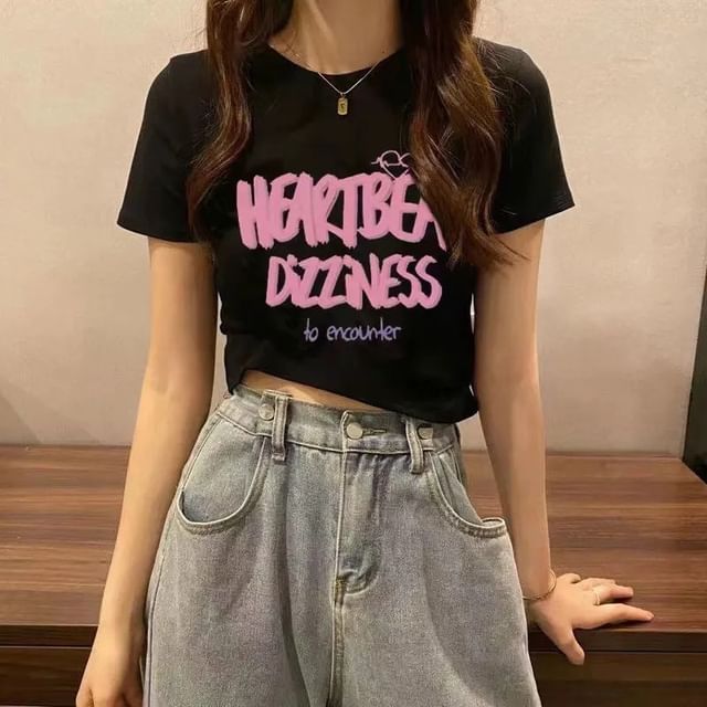 Crew Lettering T-Shirt Crop Short-Sleeve Print Neck