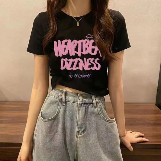 Crew Lettering T-Shirt Crop Short-Sleeve Print Neck