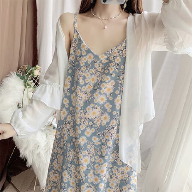 Spaghetti Strap Print V-Neck Dress Midi Shift Floral