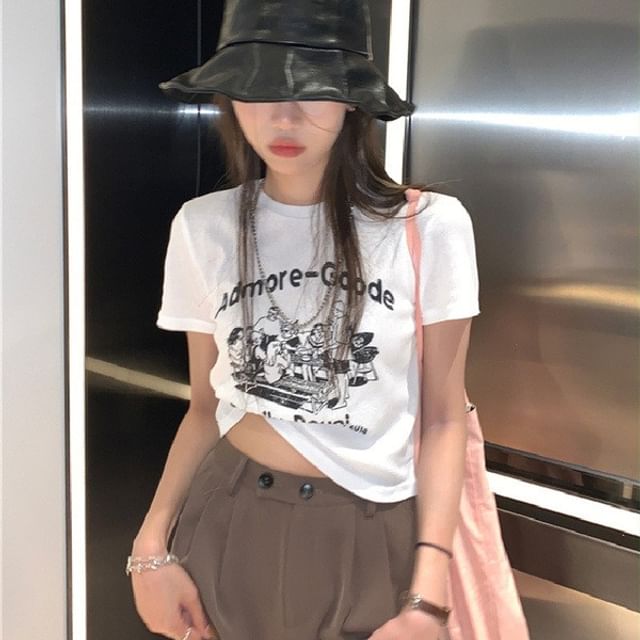 Crop Print Lettering Crew Neck T-Shirt Short-Sleeve