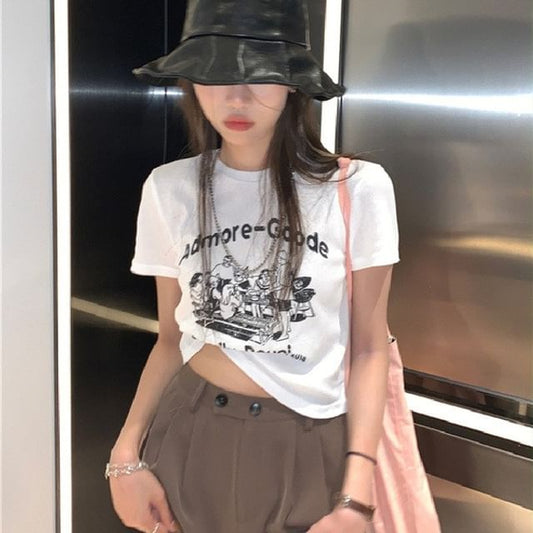 Crop Print Lettering Crew Neck T-Shirt Short-Sleeve