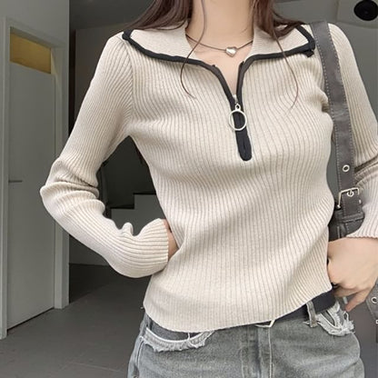 Contrast Trim Half Zip Knit Top