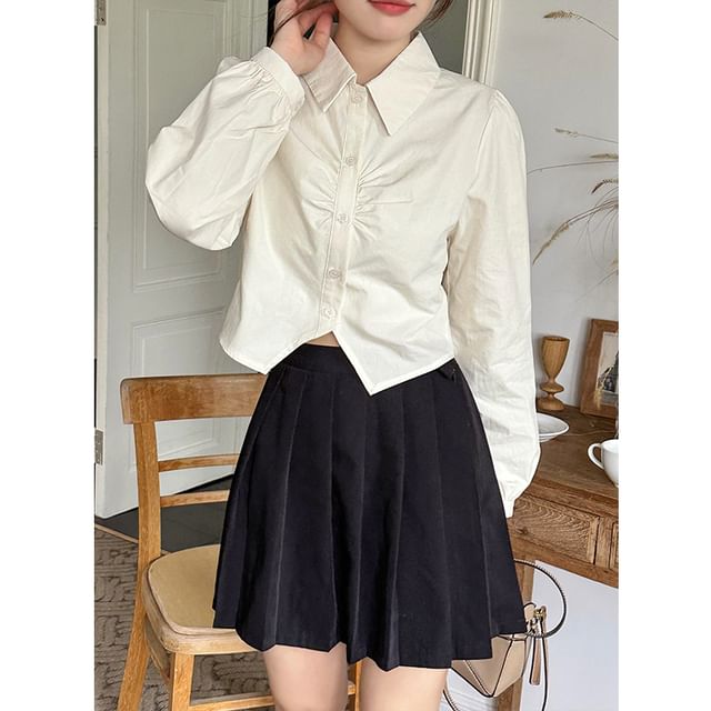 Collared Plain Ruched Shirt