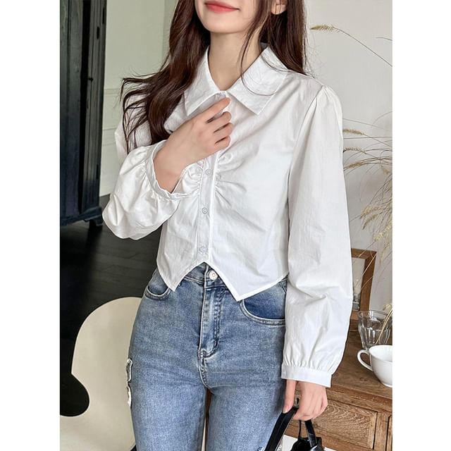 Collared Plain Ruched Shirt