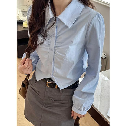 Collared Plain Ruched Shirt