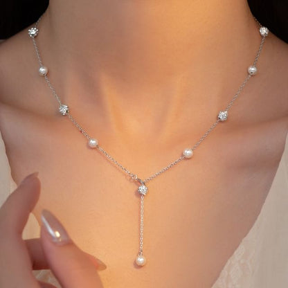 Faux Pearl Rhinestone Sterling Silver Necklace