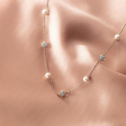 Faux Pearl Rhinestone Sterling Silver Necklace