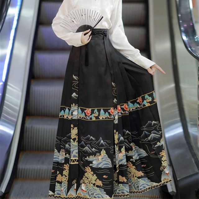 High Waist Mountain Print Maxi Ma Mian Skirt / Floral Shirt / Set