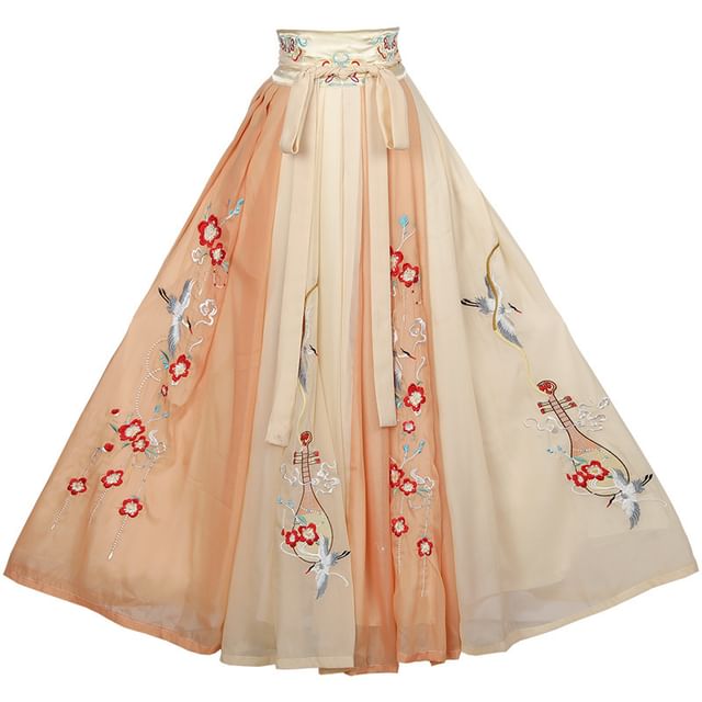 Flower Embroidered Hanfu Top / High Waist Maxi Skirt / Long