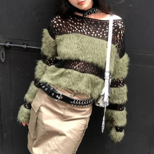 Perforated Top Knit Boatneck Long-Sleeve