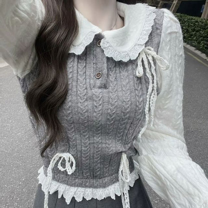 / Top Two-Piece Buttoned Half Pleated Skirt Long-Sleeve Knit Mock