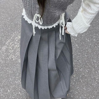 / Top Two-Piece Buttoned Half Pleated Skirt Long-Sleeve Knit Mock