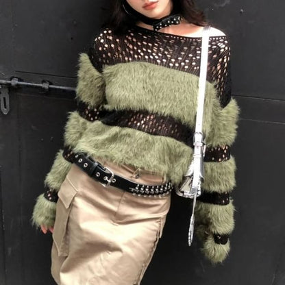 Perforated Top Knit Boatneck Long-Sleeve