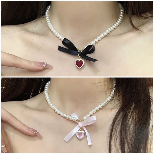 Heart Faux Choker Pearl Pendant Ribbon