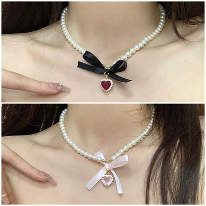 Heart Faux Choker Pearl Pendant Ribbon