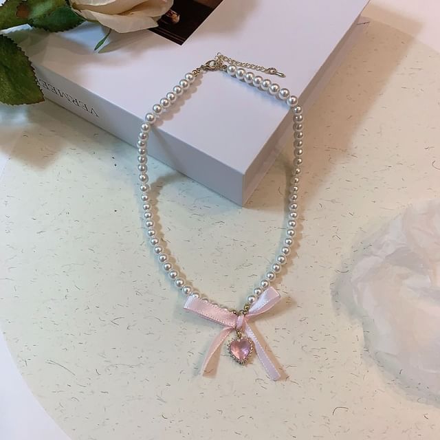 Heart Faux Choker Pearl Pendant Ribbon
