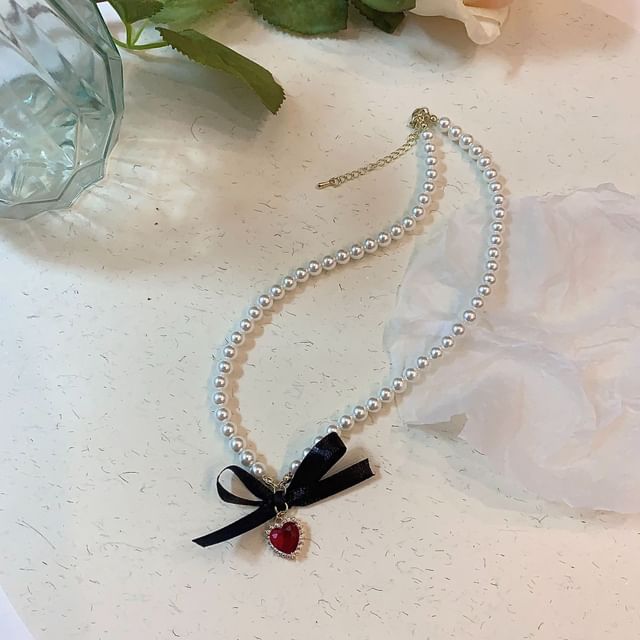 Heart Faux Choker Pearl Pendant Ribbon