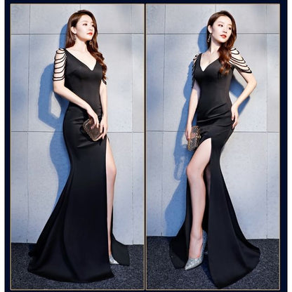 Sleeveless V-Neck Plain Beaded Slit Trumpet Evening Gown