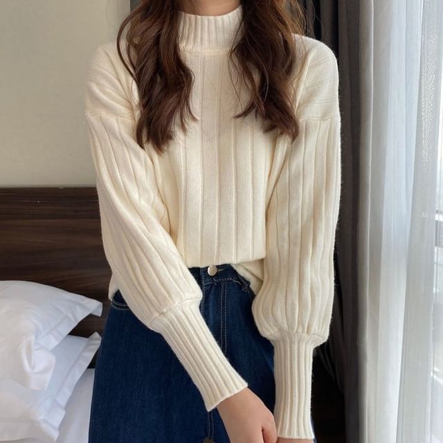 Plain Neck Sweater Mock Ribbed