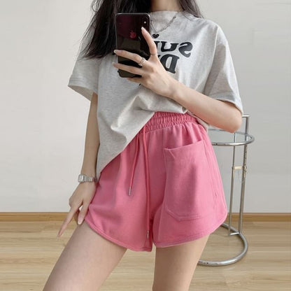 Plain Shorts Drawstring Waist Sweat