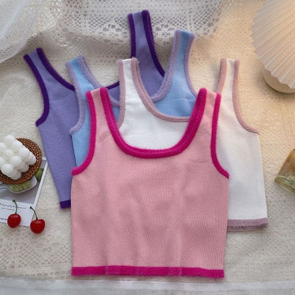 Trim Crop Scoop Neck Top Knit Contrast