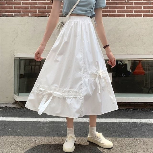 Panel A-Line Skirt Bow Elastic Plain Midi Waist