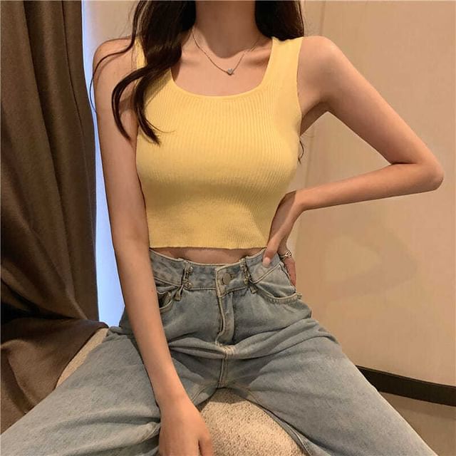 Neck Tank Knit Top Ribbed Plain Square