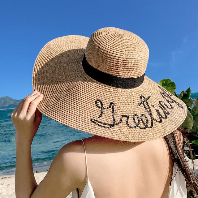 Lettering Sequin Straw Sun Hat