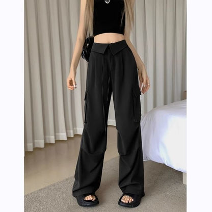 High Waist Folded Waistline Plain Pocket Straight-Fit Wide-Leg Cargo Pants