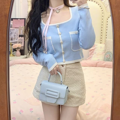 High Contrast / Neck Cardigan Pants Waist Hot Cropped Plain Square Trim