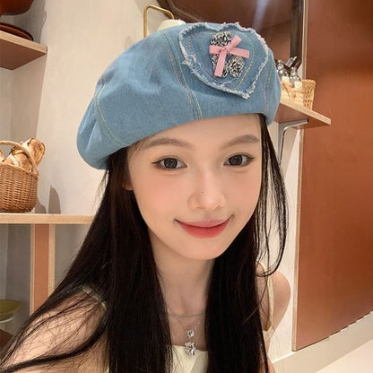 Denim Applique Beret Heart Rhinestone Bow