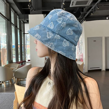 Heart hat Print Denim Washed Bucket