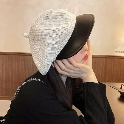Knit Newsboy Faux Panel Leather Cap