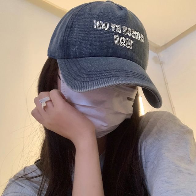 Rhinestone Baseball Lettering Cap Washed Denim