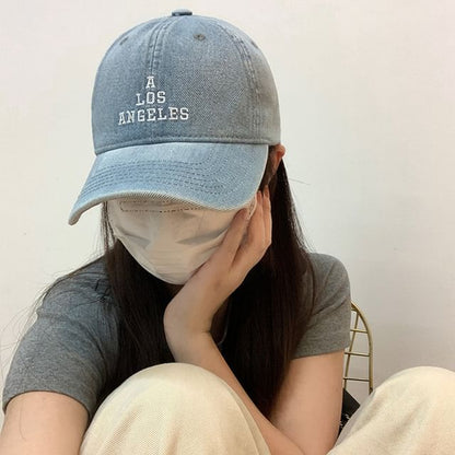 Baseball Embroidered Cap Washed Lettering Denim