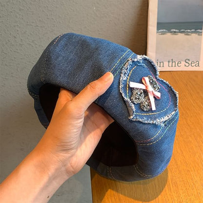 Denim Applique Beret Heart Rhinestone Bow